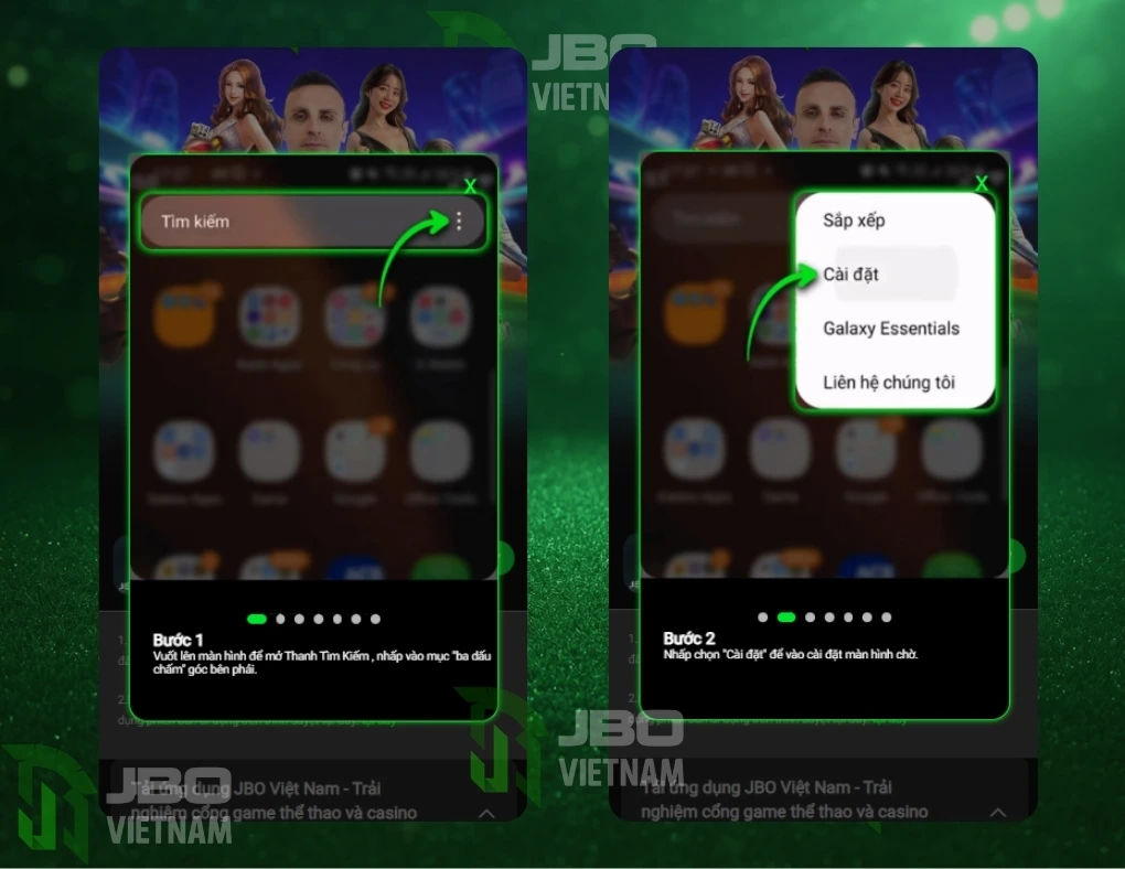 Bước 1 và 2 để tải ứng dụng JBO trên android