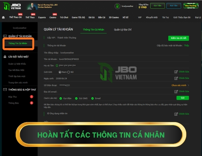 Hoàn tất thông tin cá nhân trên JBO