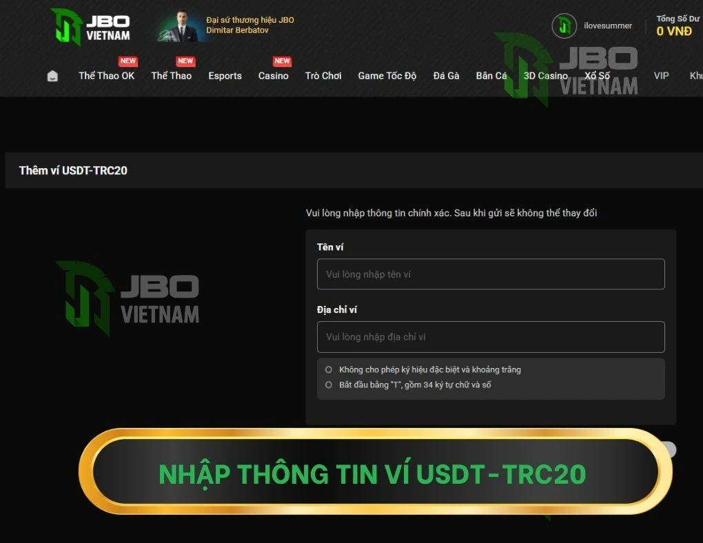 Nhập địa chỉ ví USDT-TRC20