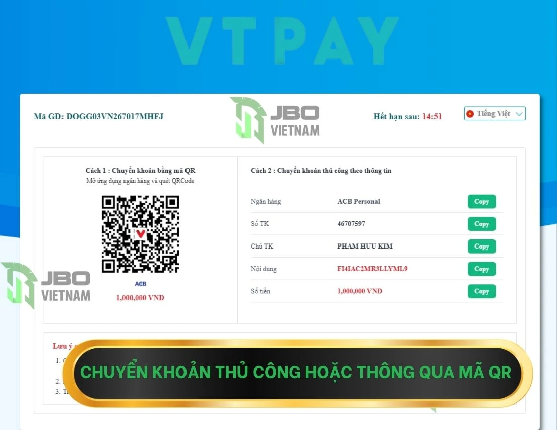 Chuyển khoản thủ công hoặc mã QR để nạp tiền JBO