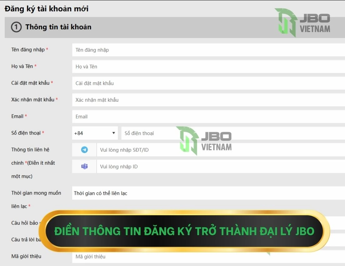 Đăng ký thông tin trở thành đại lý JBO